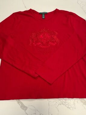 Ralph Lauren Bright Red Long Sleeve Crewneck with Embroidered Crest